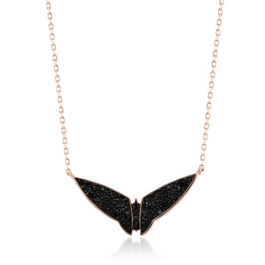 Suzy Levian Rose Sterling Silver Black Cubic Zirconia Bat Wings Necklace
