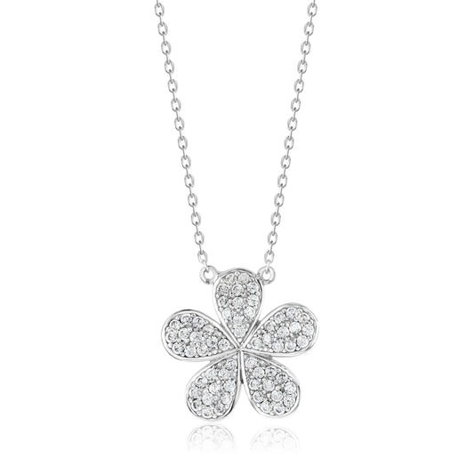 Suzy Levian White Sterling Silver White Cubic Zirconia Pave Round Flower Necklace