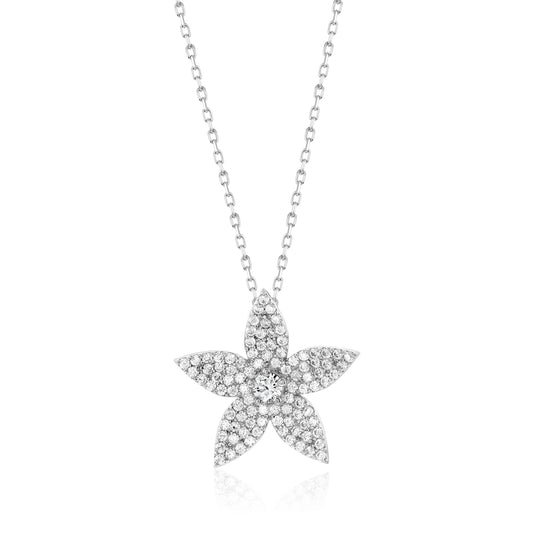 Suzy Levian White Sterling Silver White Cubic Zirconia Pave Curved Flower Pendant