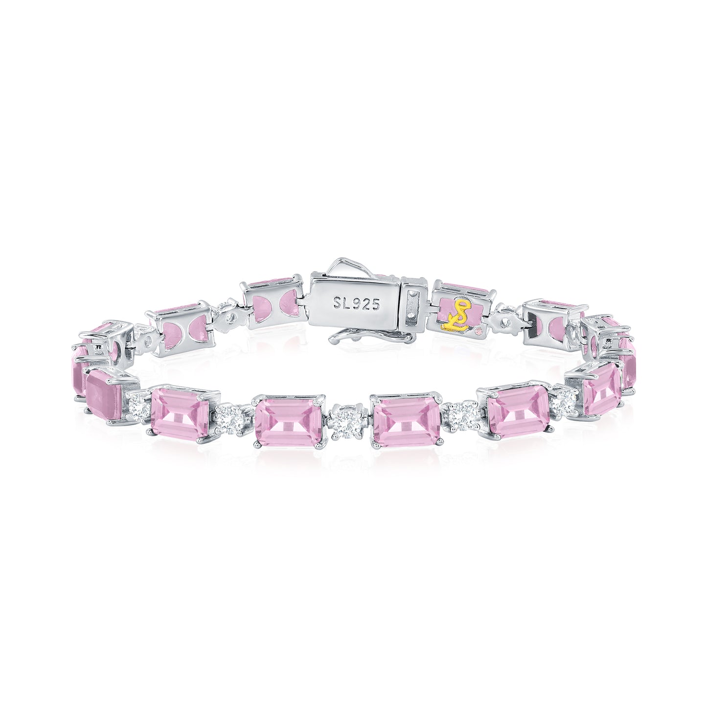 Suzy Levian Sterling Silver Gala Pink Emerald Cut White Cubic Zirconia Tennis Bracelet