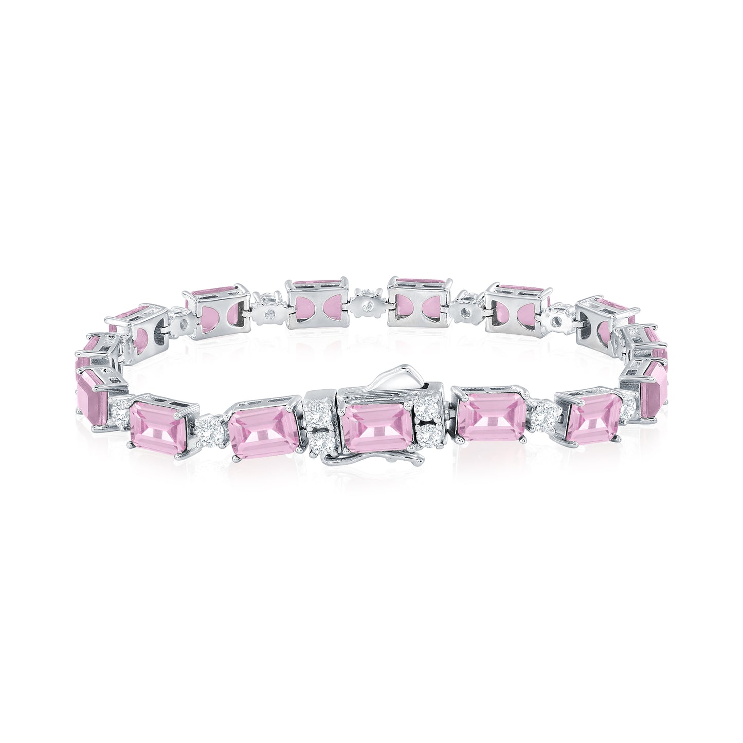 Suzy Levian Sterling Silver Gala Pink Emerald Cut White Cubic Zirconia Tennis Bracelet