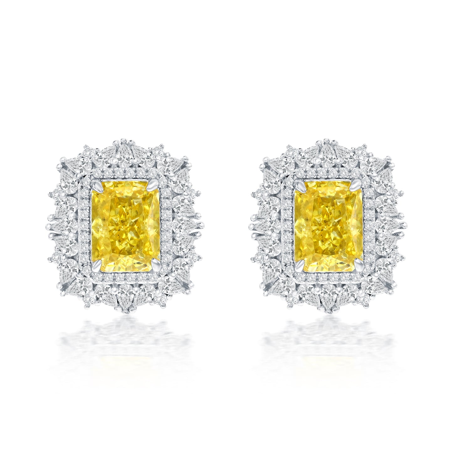 Suzy Levian Sterling Silver Gala Firework Emerald Cut Yellow & White Cubic Zirconia Cluster Earrings