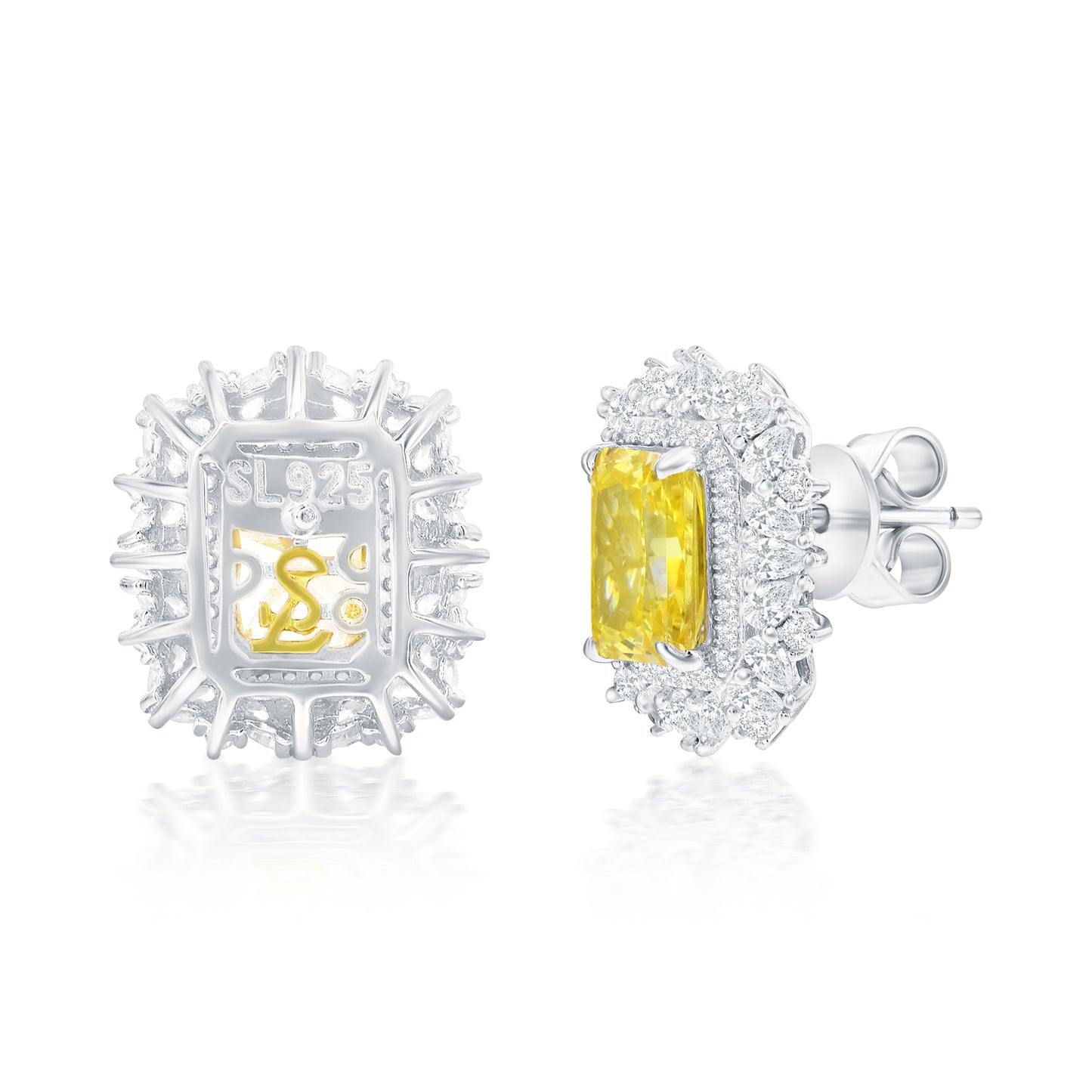 Suzy Levian Sterling Silver Gala Firework Emerald Cut Yellow & White Cubic Zirconia Cluster Earrings