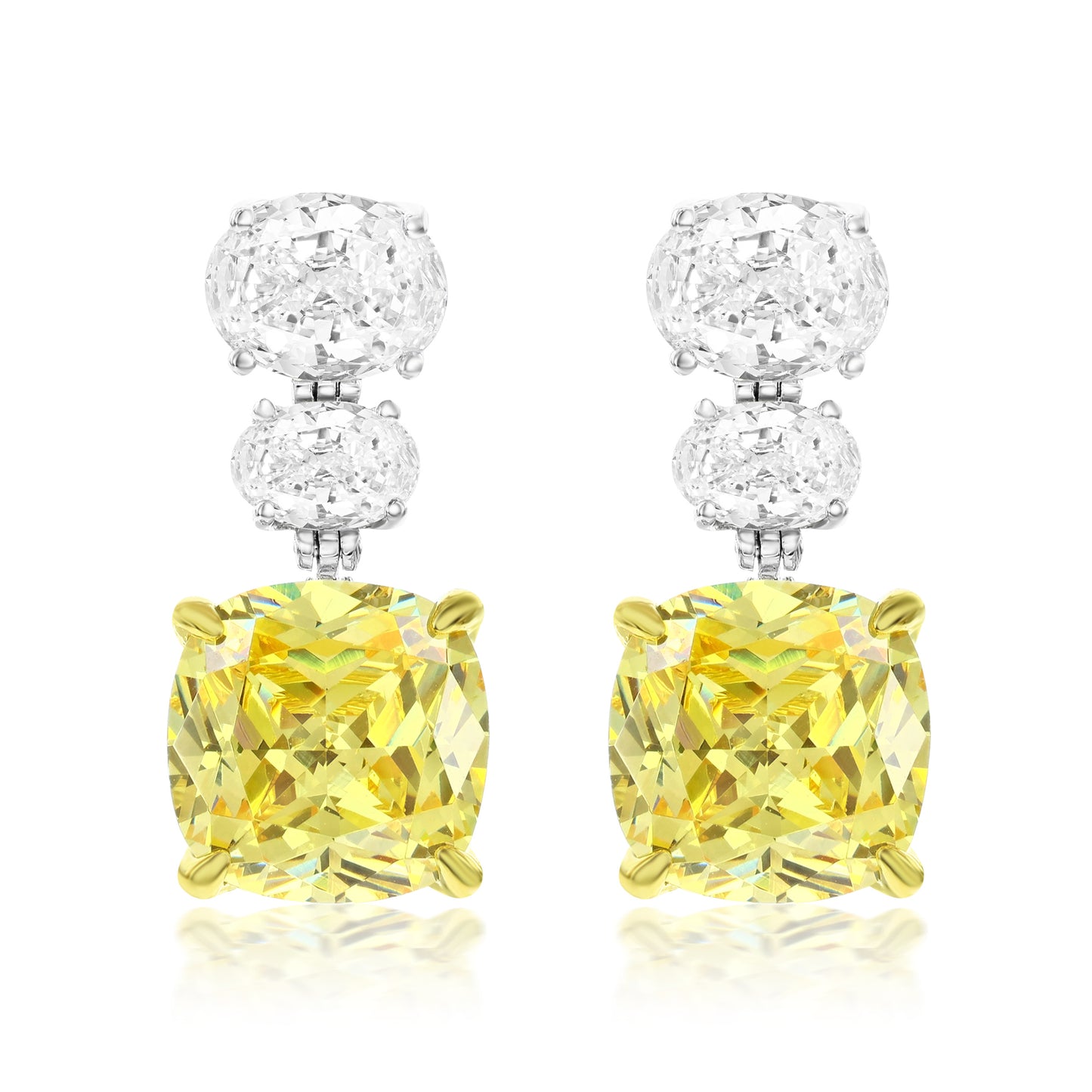 Suzy Levian Sterling Silver Gala Firework Cushion Cut Yellow & Oval White Cubic Zirconia Drop Earrings