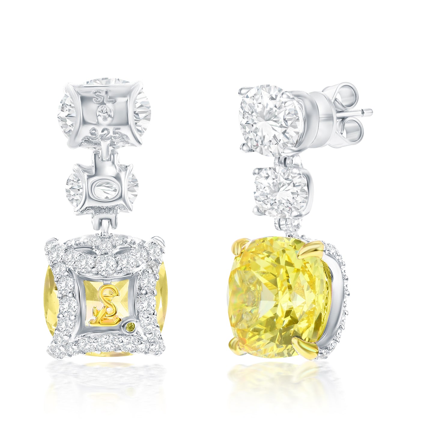 Suzy Levian Sterling Silver Gala Firework Cushion Cut Yellow & Oval White Cubic Zirconia Drop Earrings