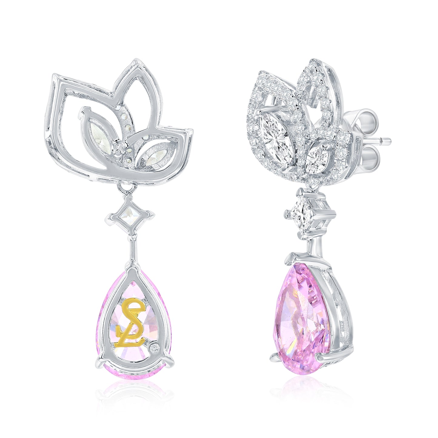 Suzy Levian Sterling Silver Gala Firework Pink Pear Shape Cubic Zirconia Drop Earrings