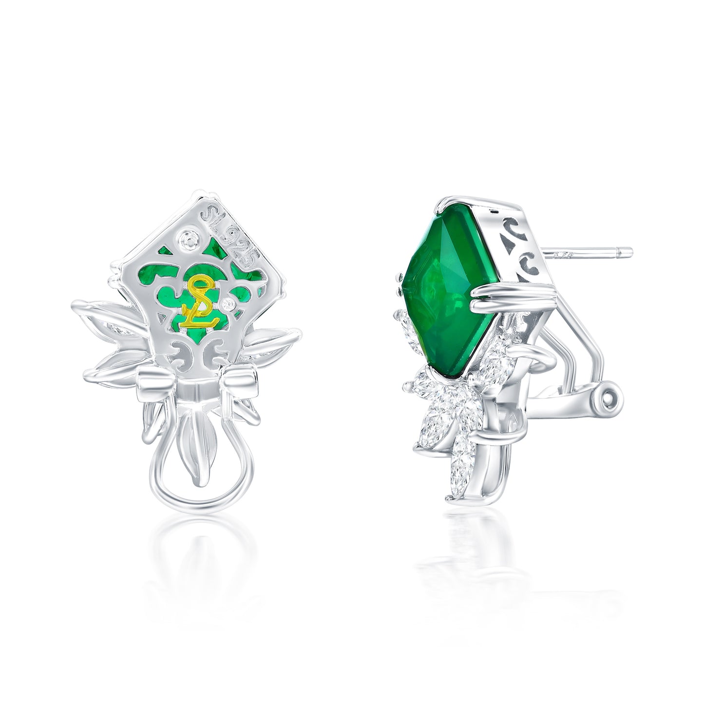 Suzy Levian Sterling Silver Gala Large Emerald Cut Green & White Cubic Zirconia Cluster Earrings