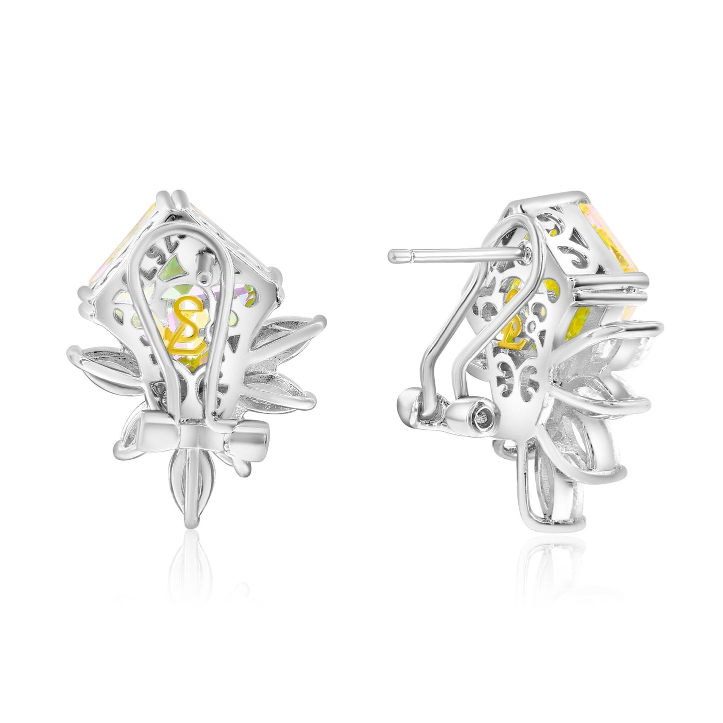 Suzy Levian Sterling Silver Gala Firework Large Emerald Cut Yellow & White Cubic Zirconia Cluster Earrings