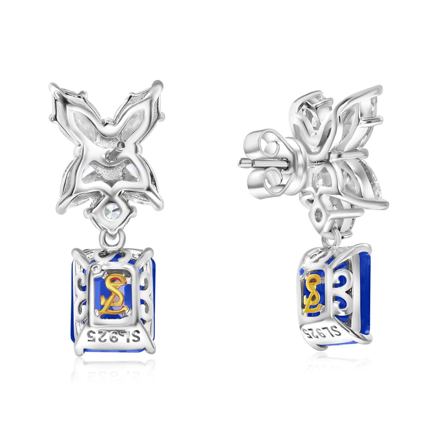 Suzy Levian Sterling Silver Gala Large Emerald Cut Blue & White Cubic Zirconia Cluster Drop Earrings