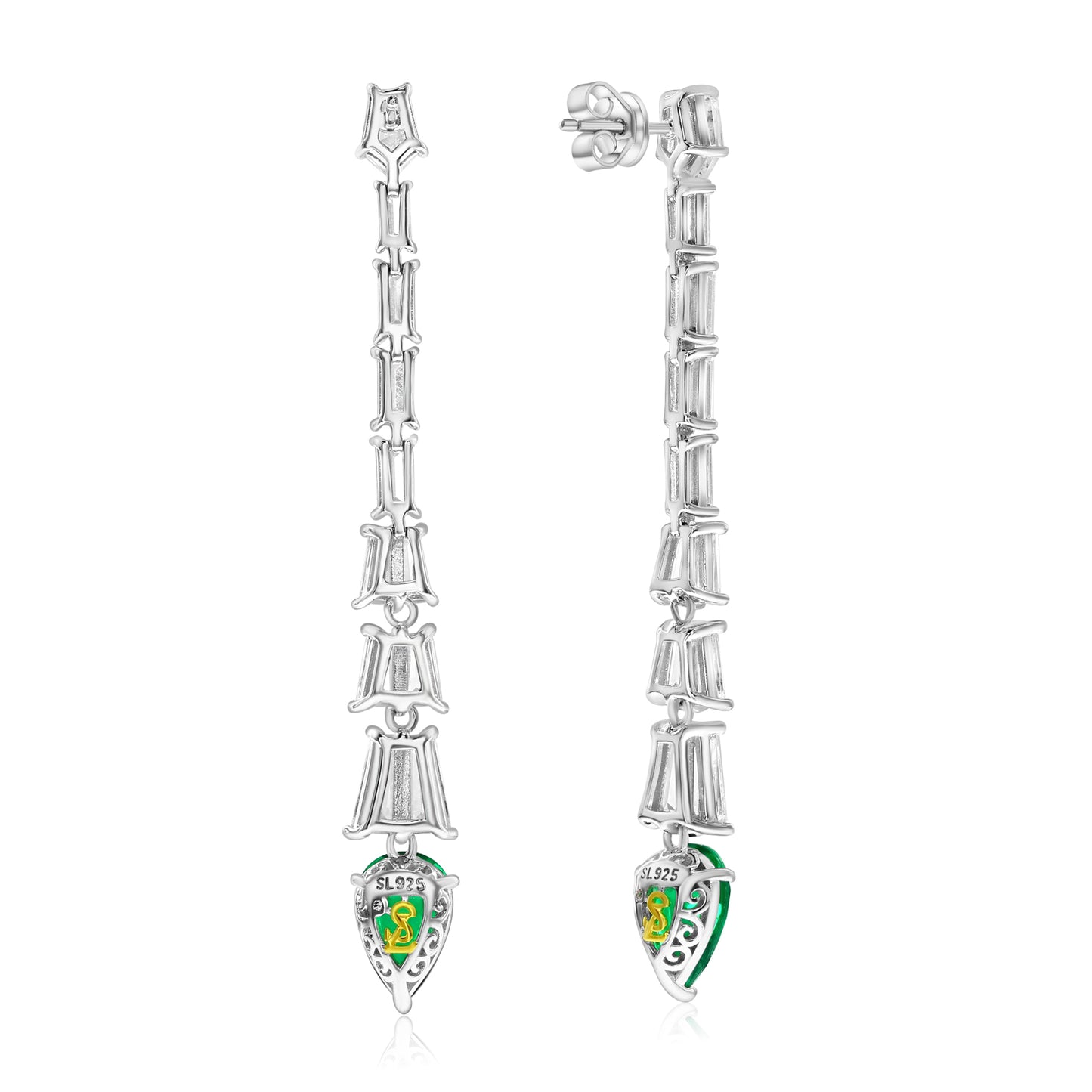 Suzy Levian Sterling Silver Gala Large Pear Shape Green & Multi-Cut White Cubic Zirconia Drop Earrings