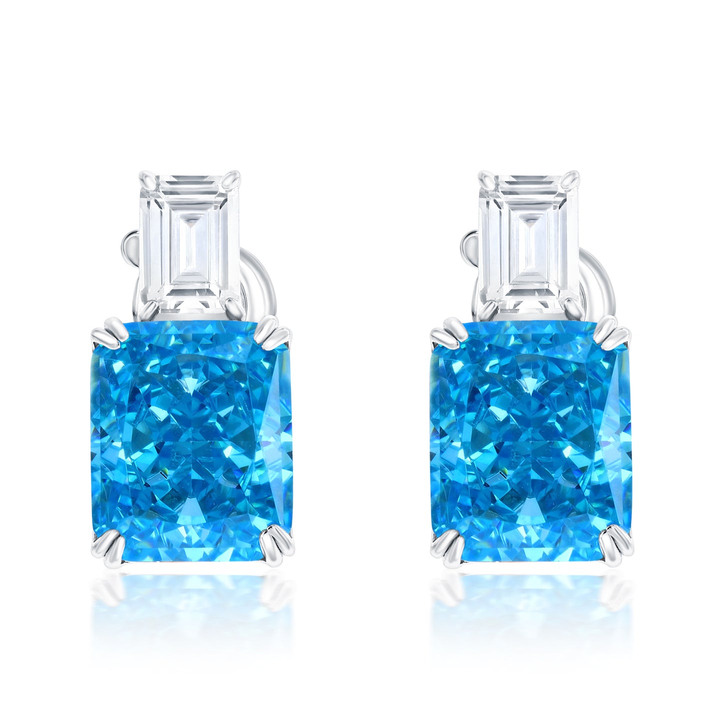 Suzy Levian Sterling Silver Gala Firework Emerald Cut Aqua & White Cubic Zirconia Earrings