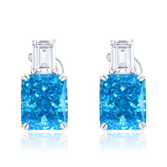 Suzy Levian Sterling Silver Gala Firework Emerald Cut Aqua & White Cubic Zirconia Earrings
