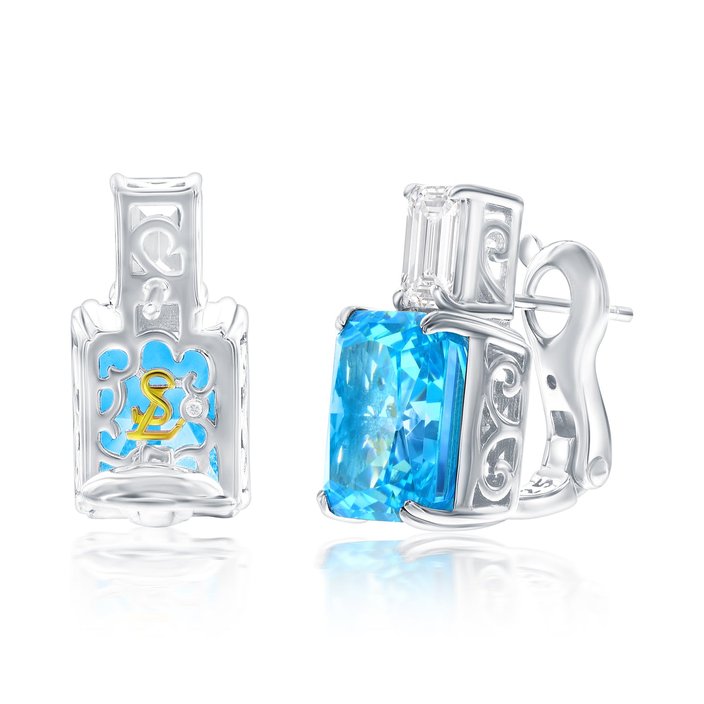 Suzy Levian Sterling Silver Gala Firework Emerald Cut Aqua & White Cubic Zirconia Earrings