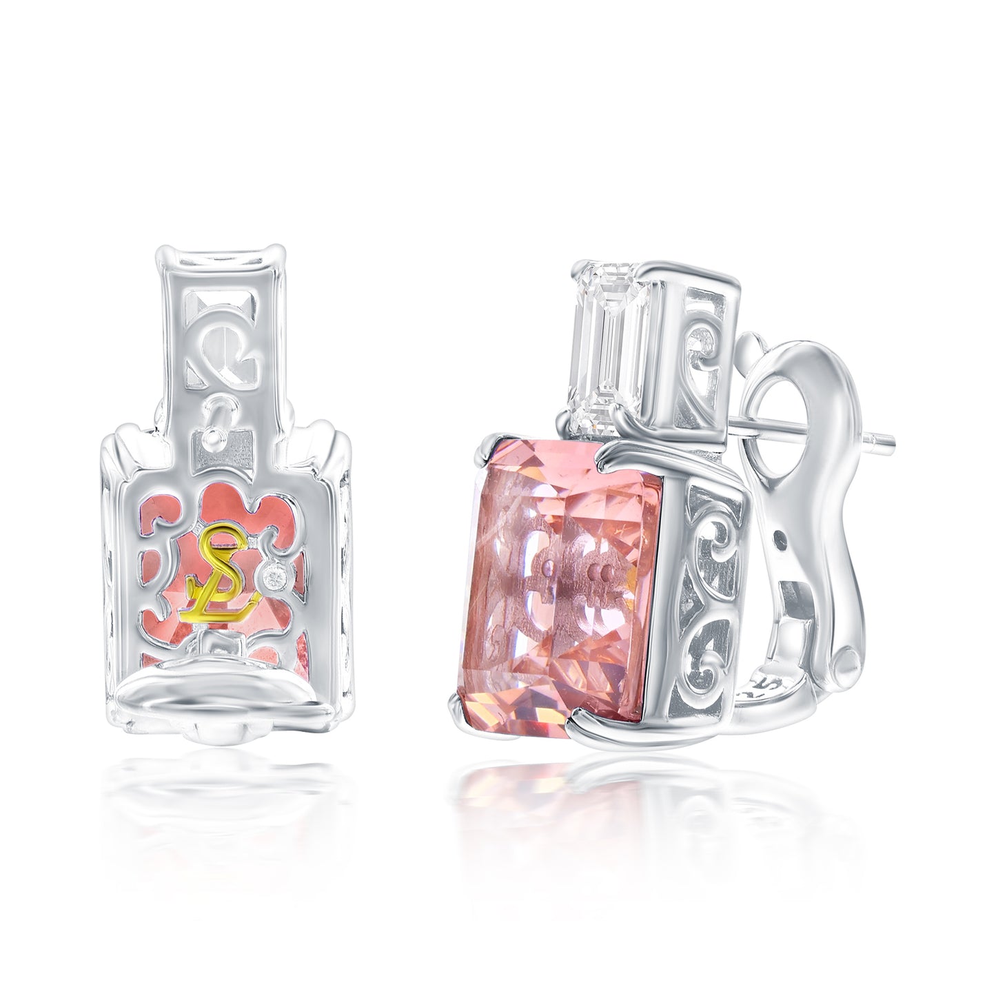 Suzy Levian Sterling Silver Gala Emerald Cut Pink & White Cubic Zirconia Earrings