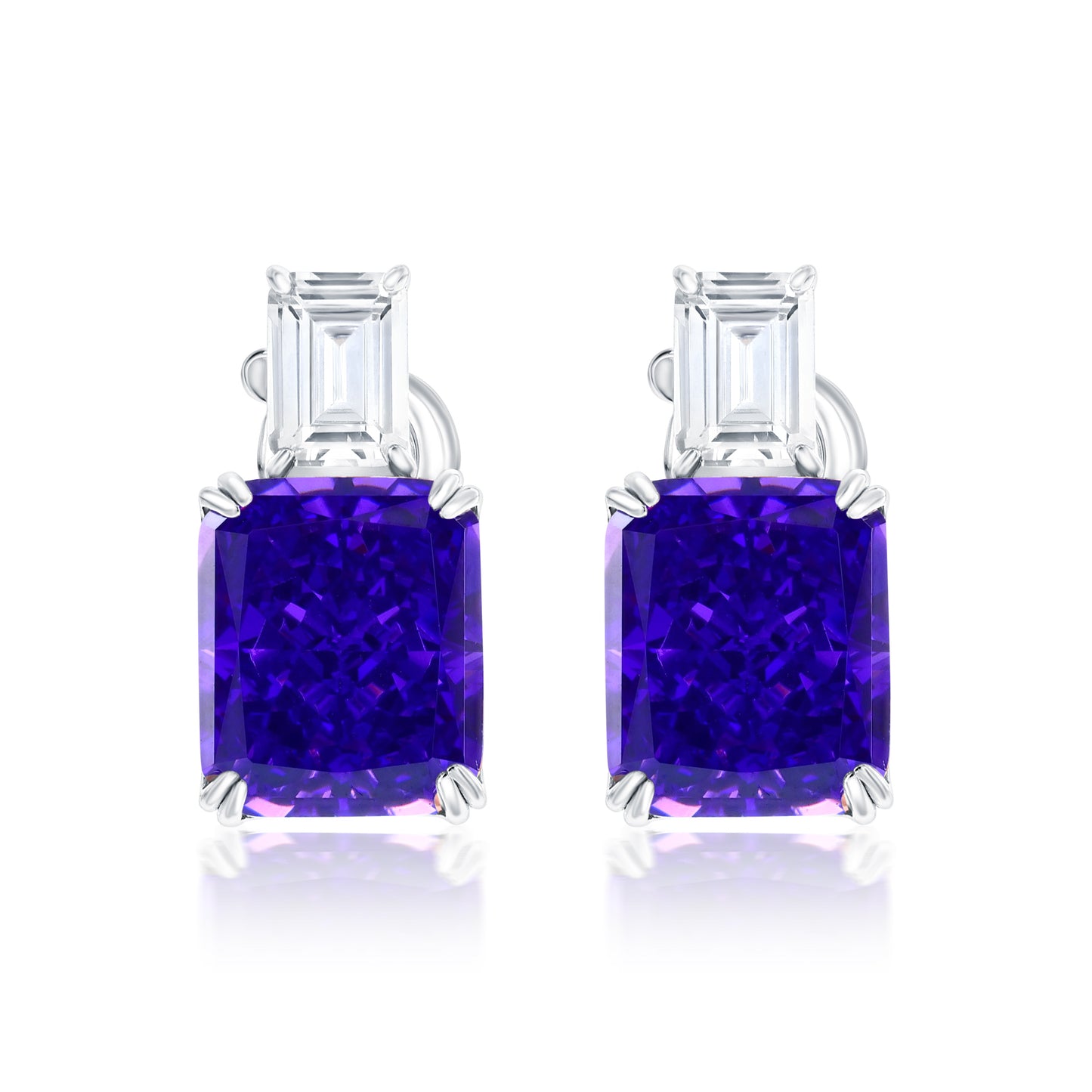 Suzy Levian Sterling Silver Gala Firework Emerald Cut Purple & White Cubic Zirconia Earrings