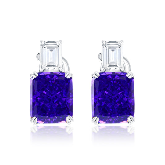Suzy Levian Sterling Silver Gala Firework Emerald Cut Purple & White Cubic Zirconia Earrings