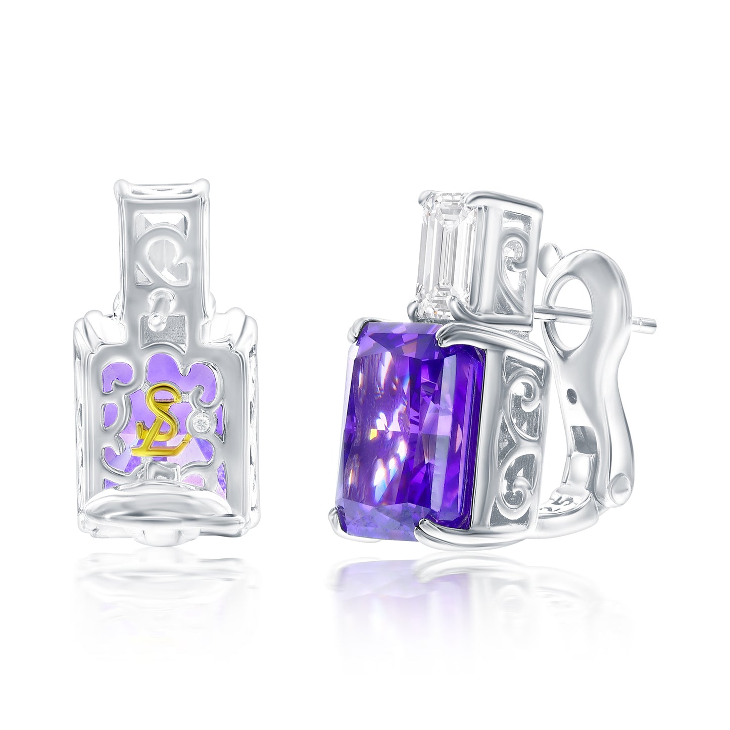 Suzy Levian Sterling Silver Gala Firework Emerald Cut Purple & White Cubic Zirconia Earrings