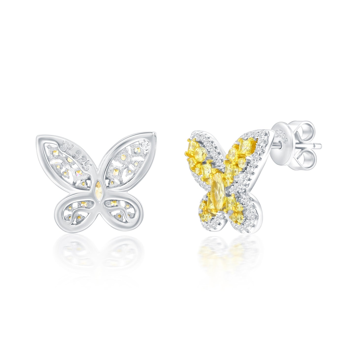 Suzy Levian Sterling Silver Gala Yellow & White Cubic Zirconia Pave Butterfly Cluster Earrings