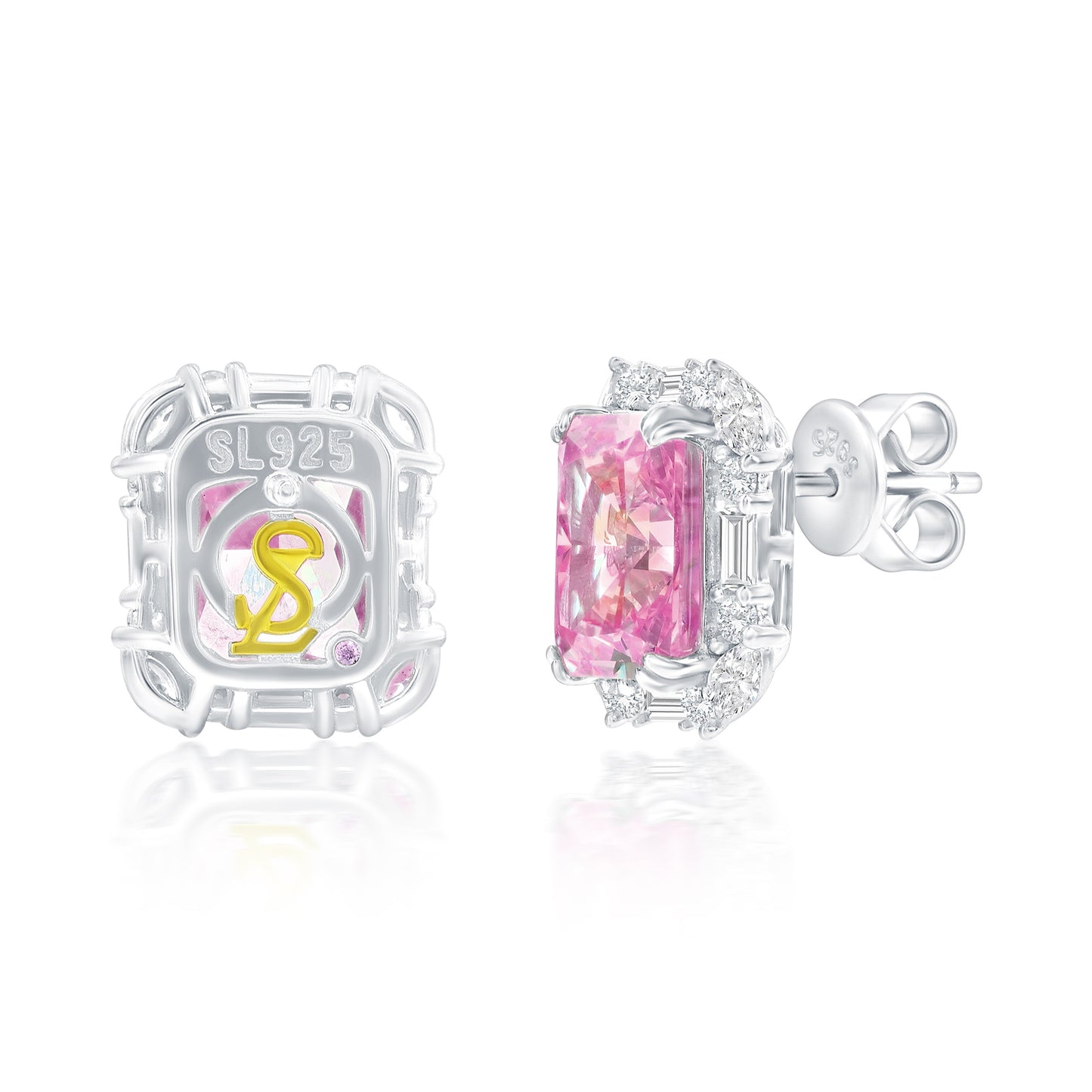 Suzy Levian Sterling Silver Gala Firework Emerald Cut Pink & White Cubic Zirconia Multi-Cut Earrings