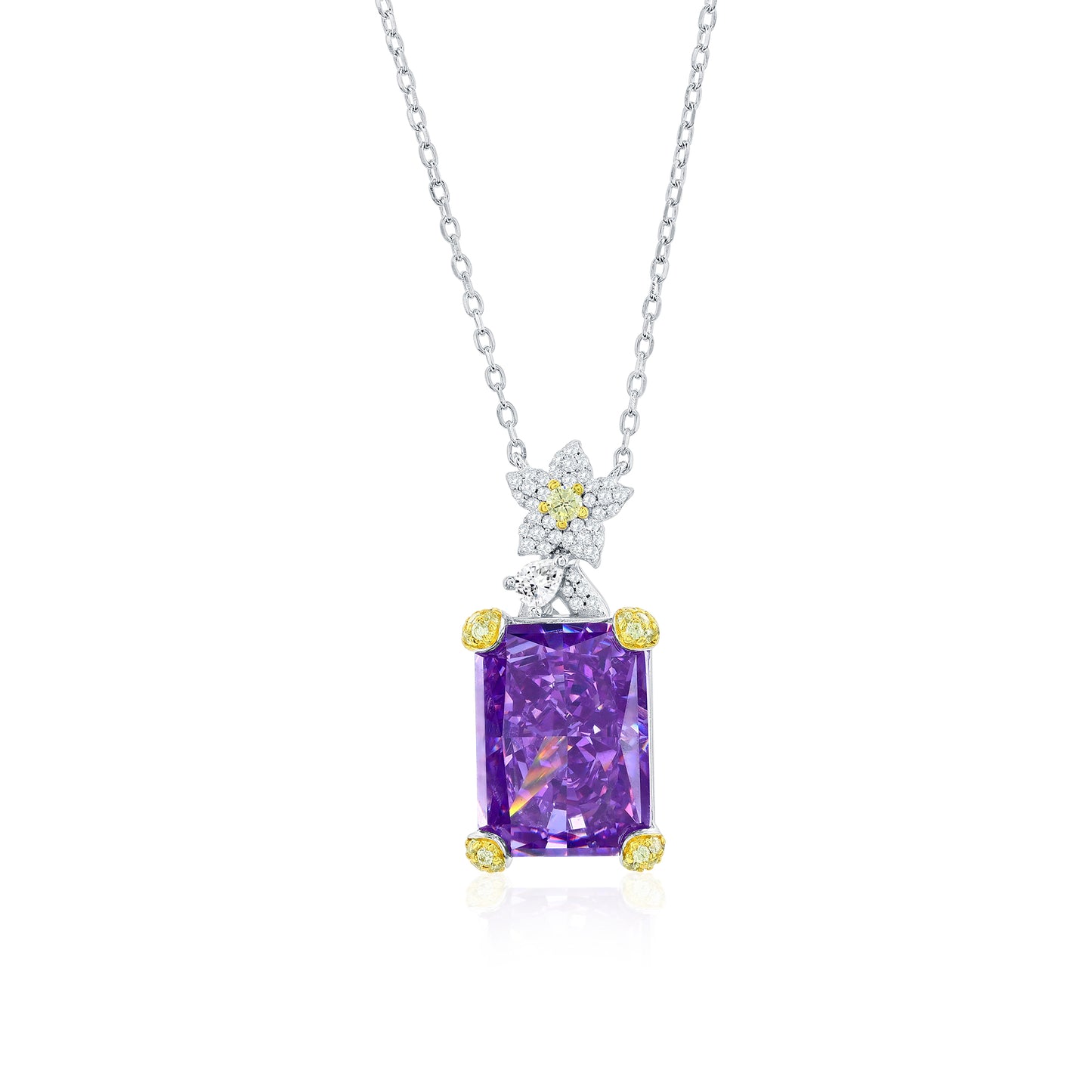 Suzy Levian Sterling Silver Gala Firework Emerald Cut Purple & White Cubic Zirconia Pendant Necklace