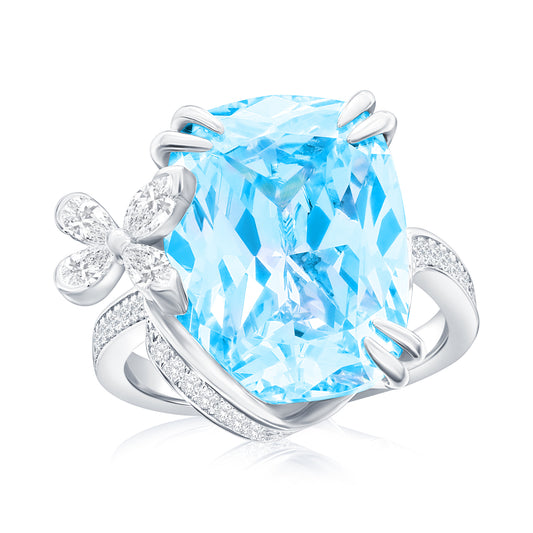 Suzy Levian Sterling Silver Gala Firework Elongated Cushion Cut Aqua & White Cubic Zirconia Butterfly Ring