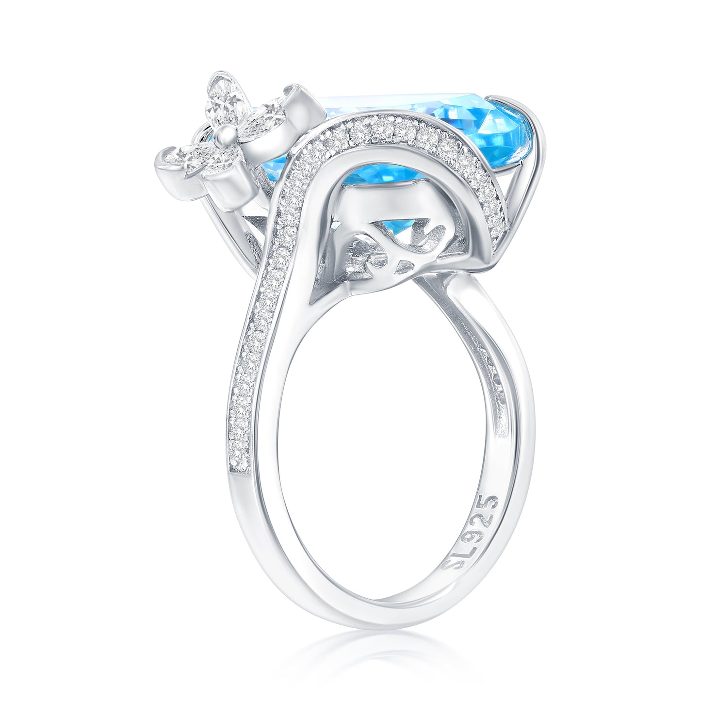 Suzy Levian Sterling Silver Gala Firework Elongated Cushion Cut Aqua & White Cubic Zirconia Butterfly Ring