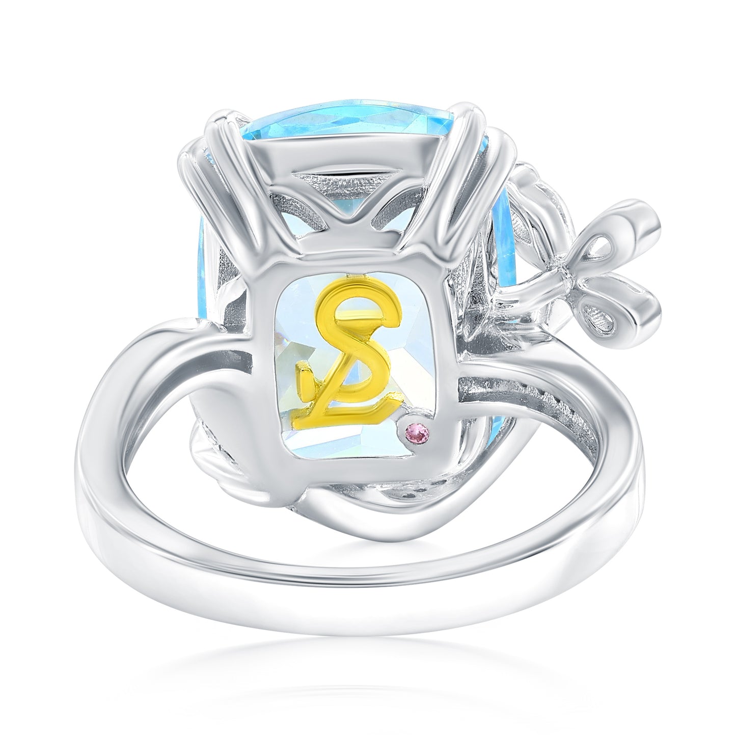 Suzy Levian Sterling Silver Gala Firework Elongated Cushion Cut Aqua & White Cubic Zirconia Butterfly Ring
