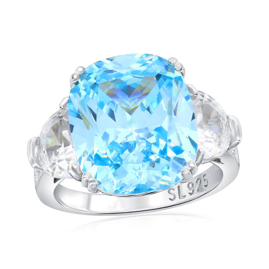 Suzy Levian Sterling Silver Gala Firework Elongated Cushion Cut Aqua & White Cubic Zirconia Engagement Ring
