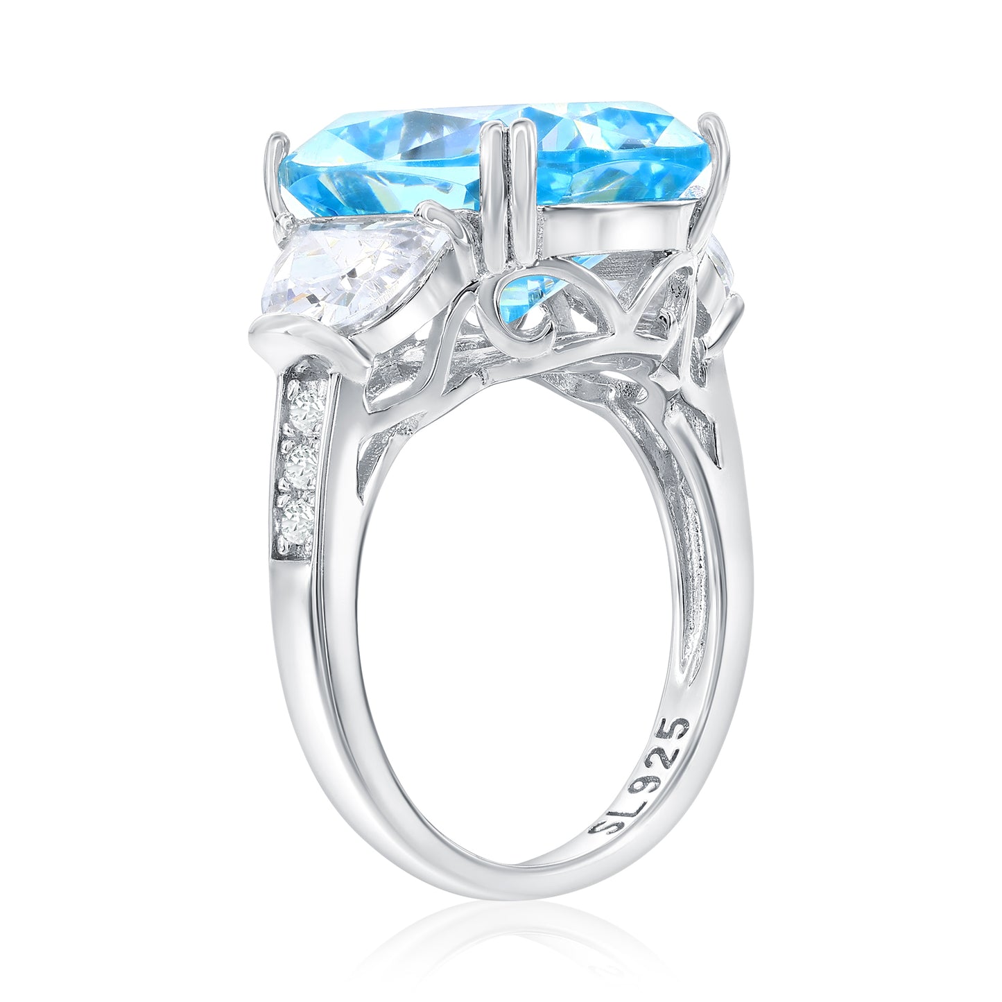 Suzy Levian Sterling Silver Gala Firework Elongated Cushion Cut Aqua & White Cubic Zirconia Engagement Ring
