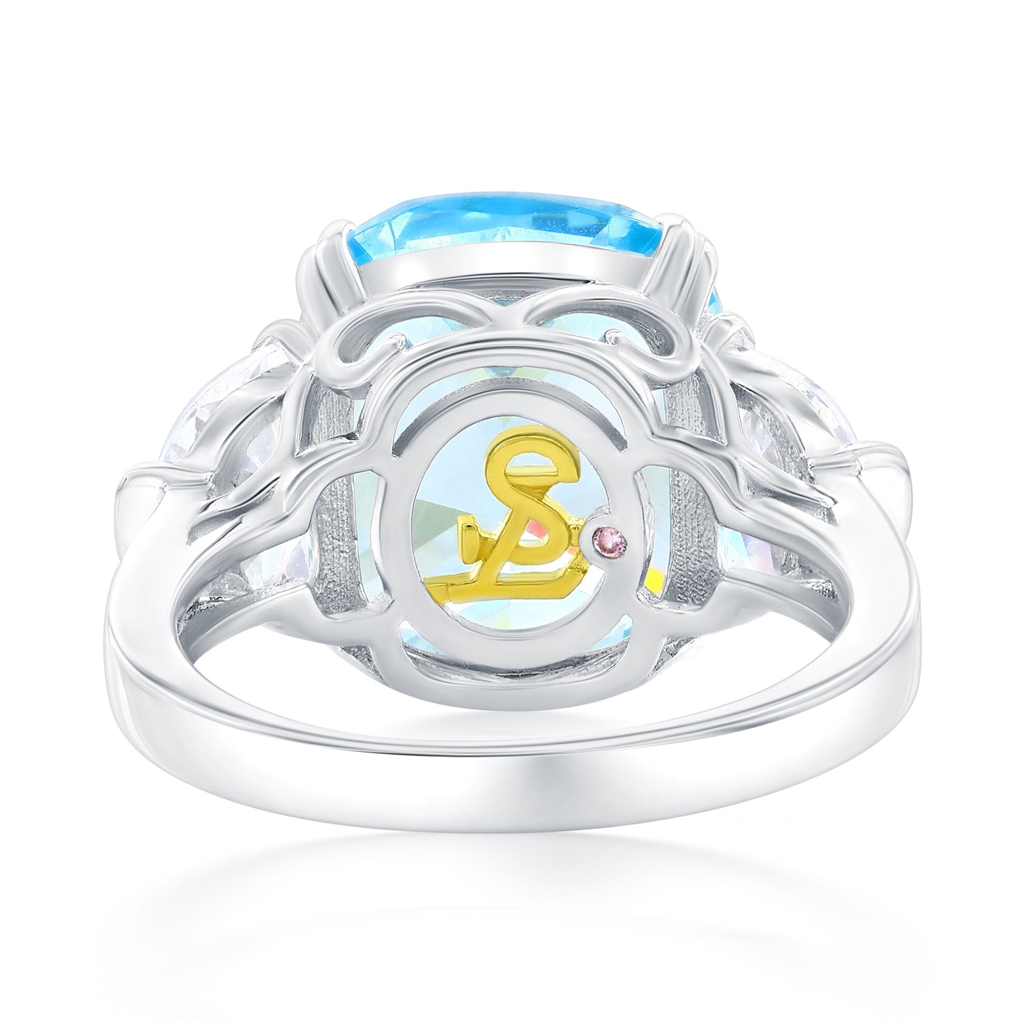 Suzy Levian Sterling Silver Gala Firework Elongated Cushion Cut Aqua & White Cubic Zirconia Engagement Ring