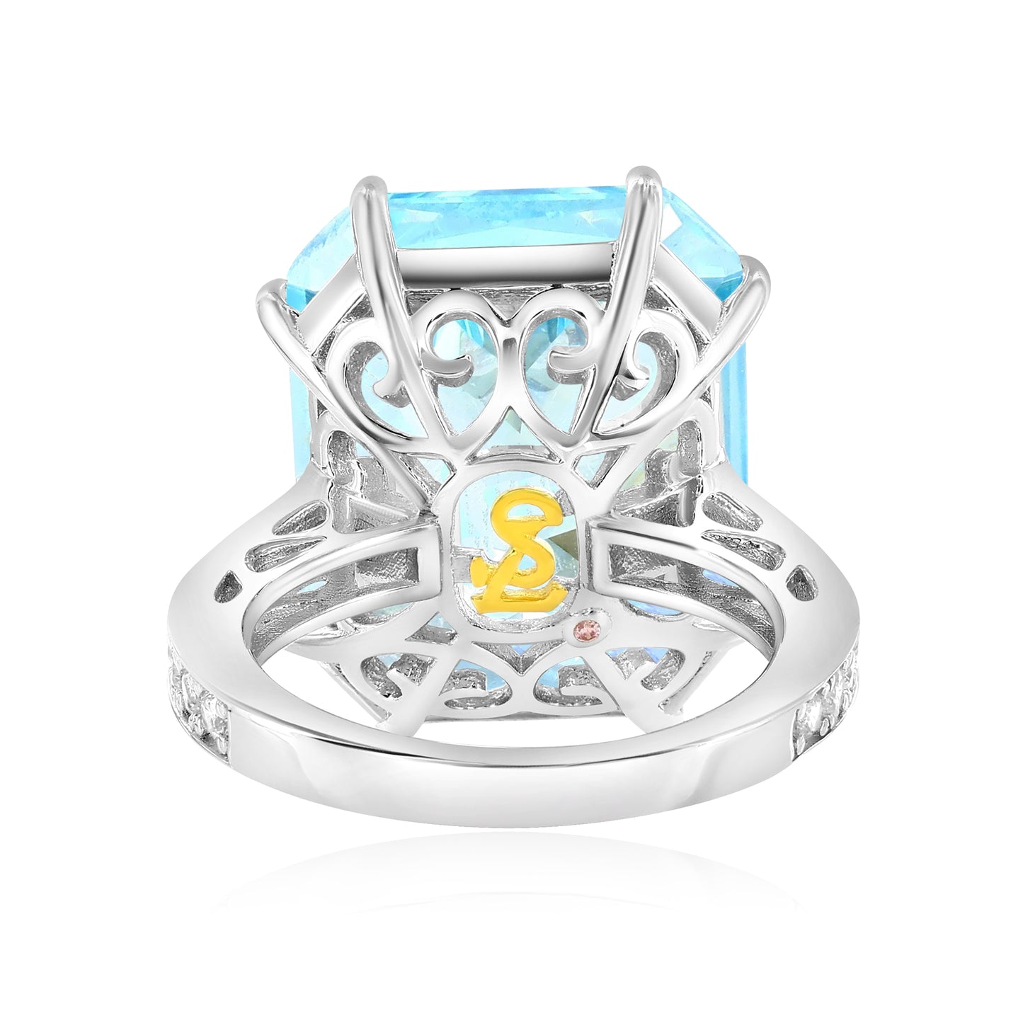 Suzy Levian Sterling Silver Gala Large Emerald Cut Firework Aqua Cubic Zirconia Engagement Ring