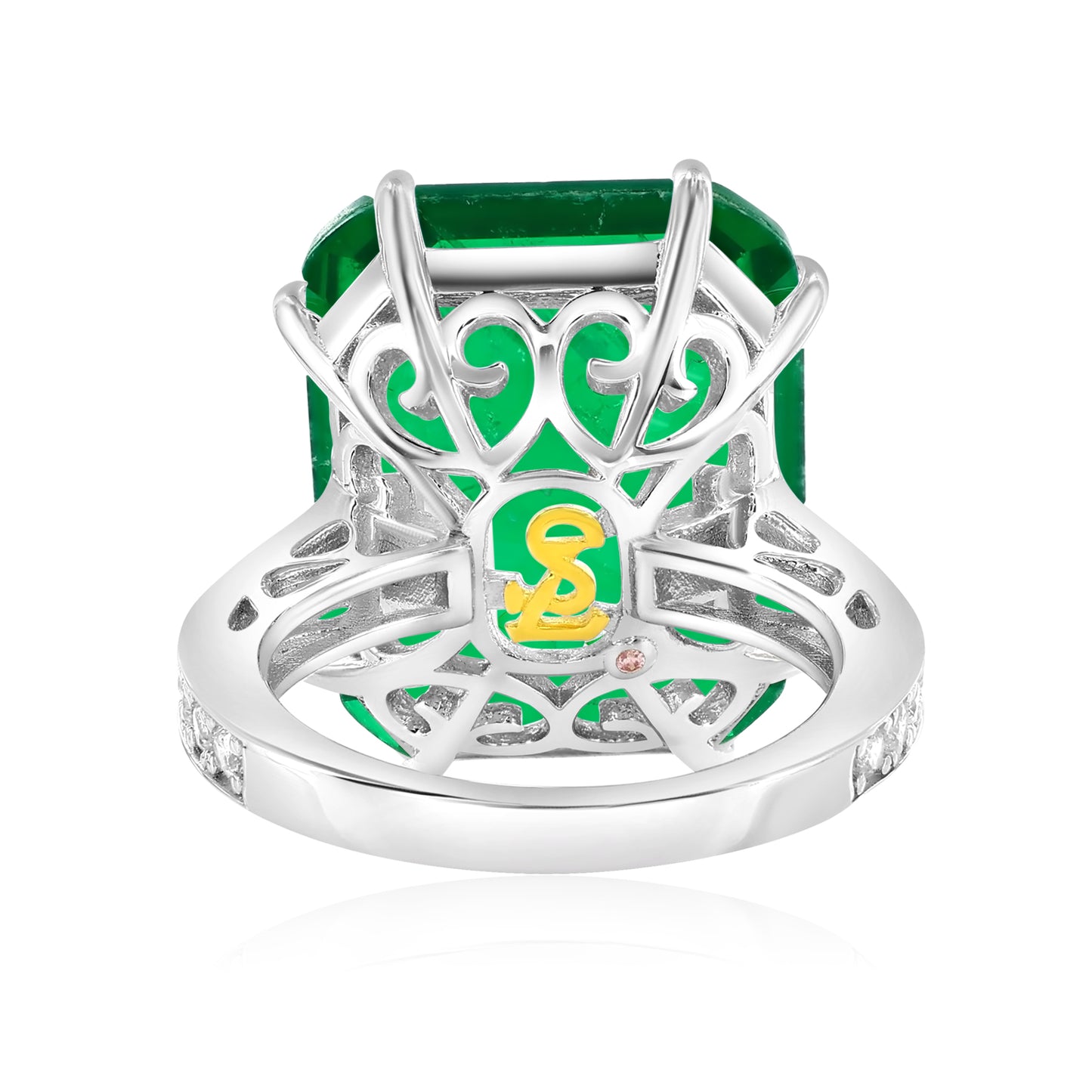 Suzy Levian Sterling Silver Gala Large Emerald Cut Green Cubic Zirconia Engagement Ring