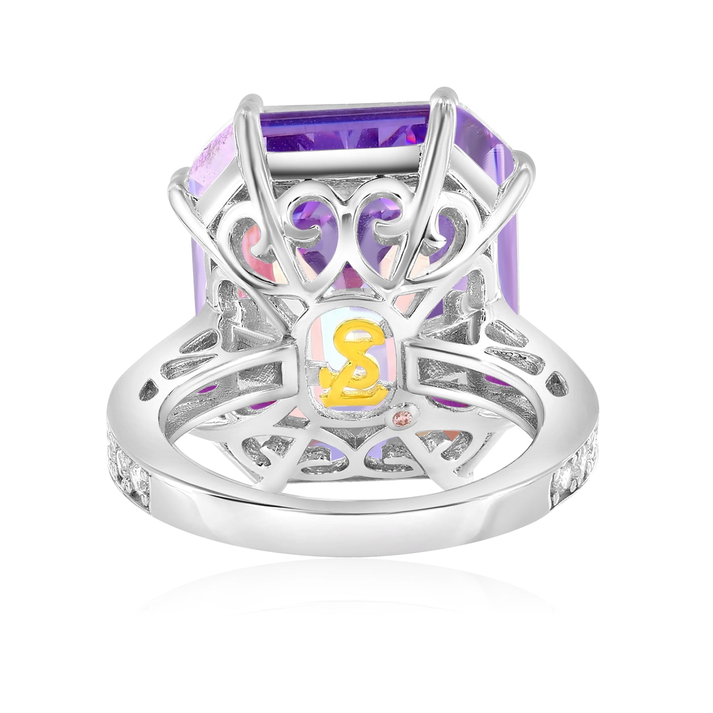 Suzy Levian Sterling Silver Gala Large Emerald Cut Firework Purple Cubic Zirconia Engagement Ring