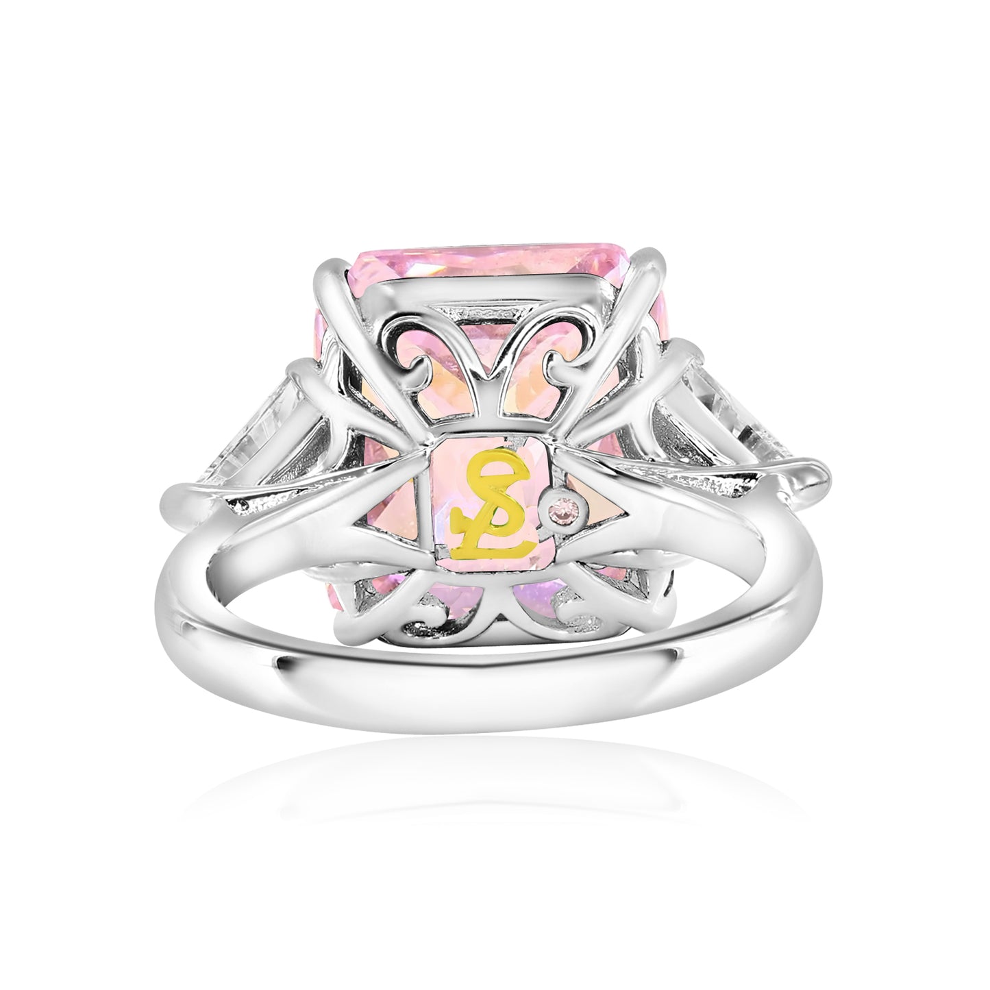 Suzy Levian Sterling Silver Gala Firework Emerald Cut Pink Cubic Zirconia Engagement Ring