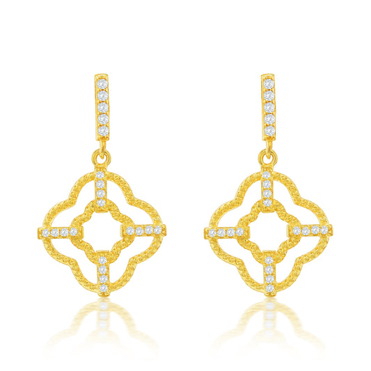 Suzy Levian Yellow Sterling Silver White Cubic Zirconia Trellis Filigree Drop Dangle Earrings
