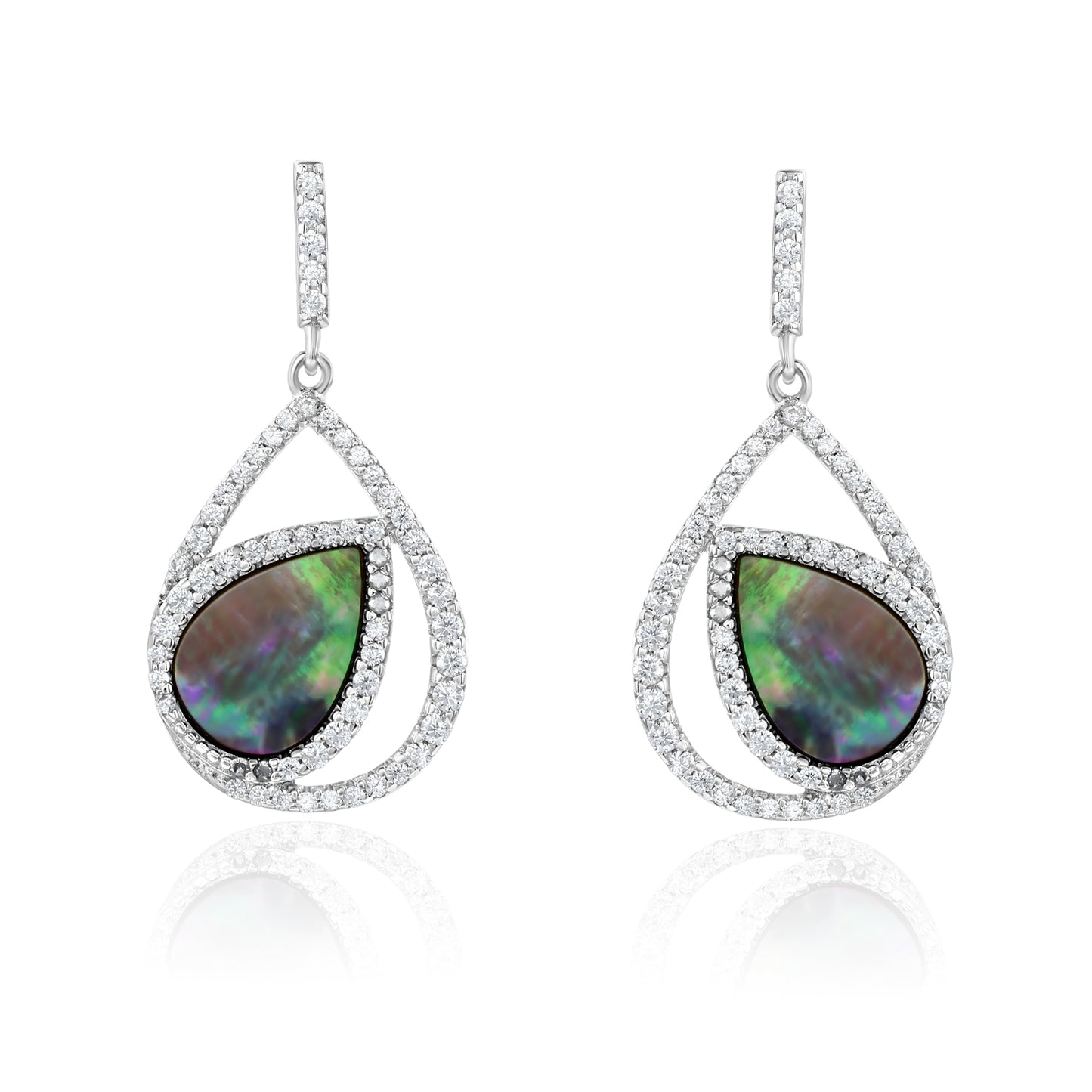 Suzy Levian Sterling Silver White Cubic Zirconia Double Teardrop Black Mother of Pearl Dangle Earrings