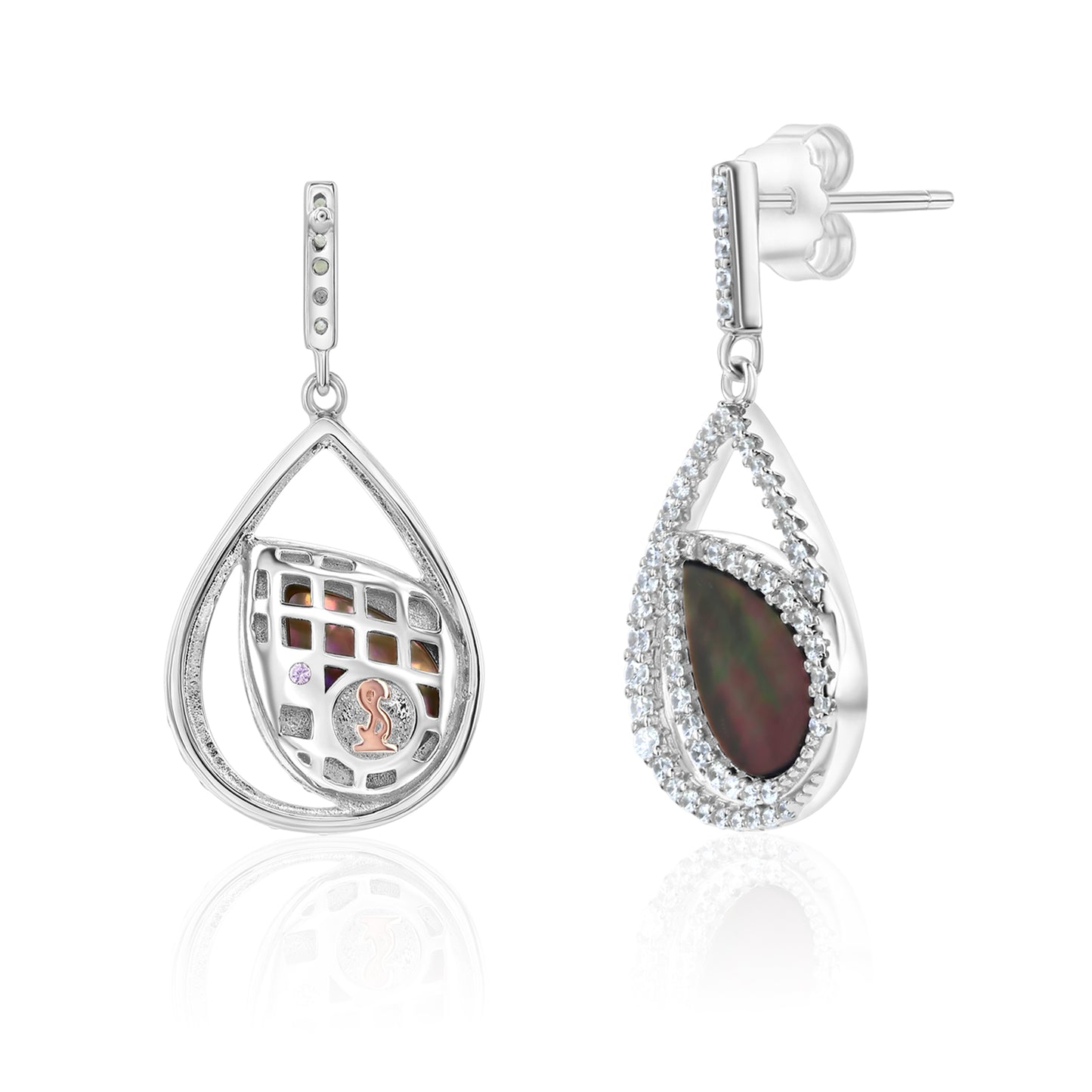 Suzy Levian Sterling Silver White Cubic Zirconia Double Teardrop Black Mother of Pearl Dangle Earrings