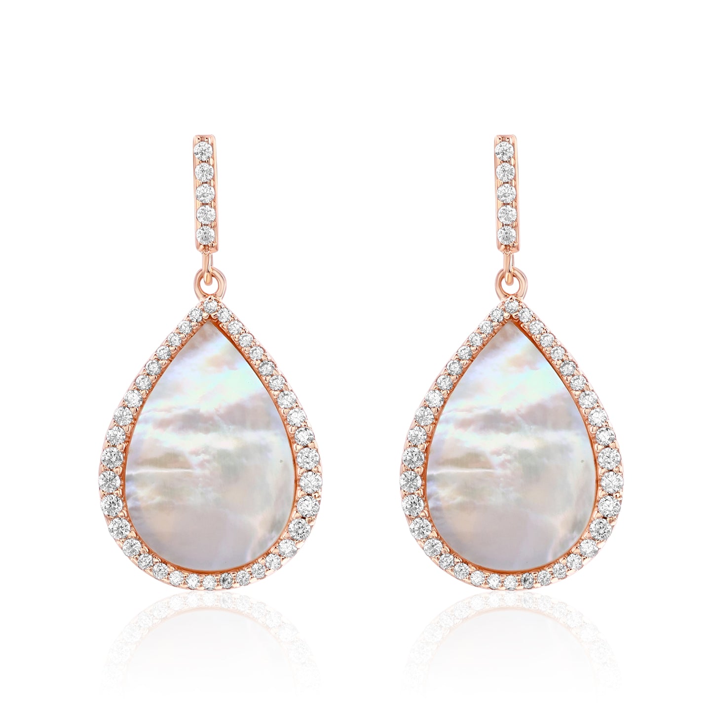 Suzy Levian Rose Sterling Silver White Cubic Zirconia Teardrop Mother of Pearl Dangle Earrings