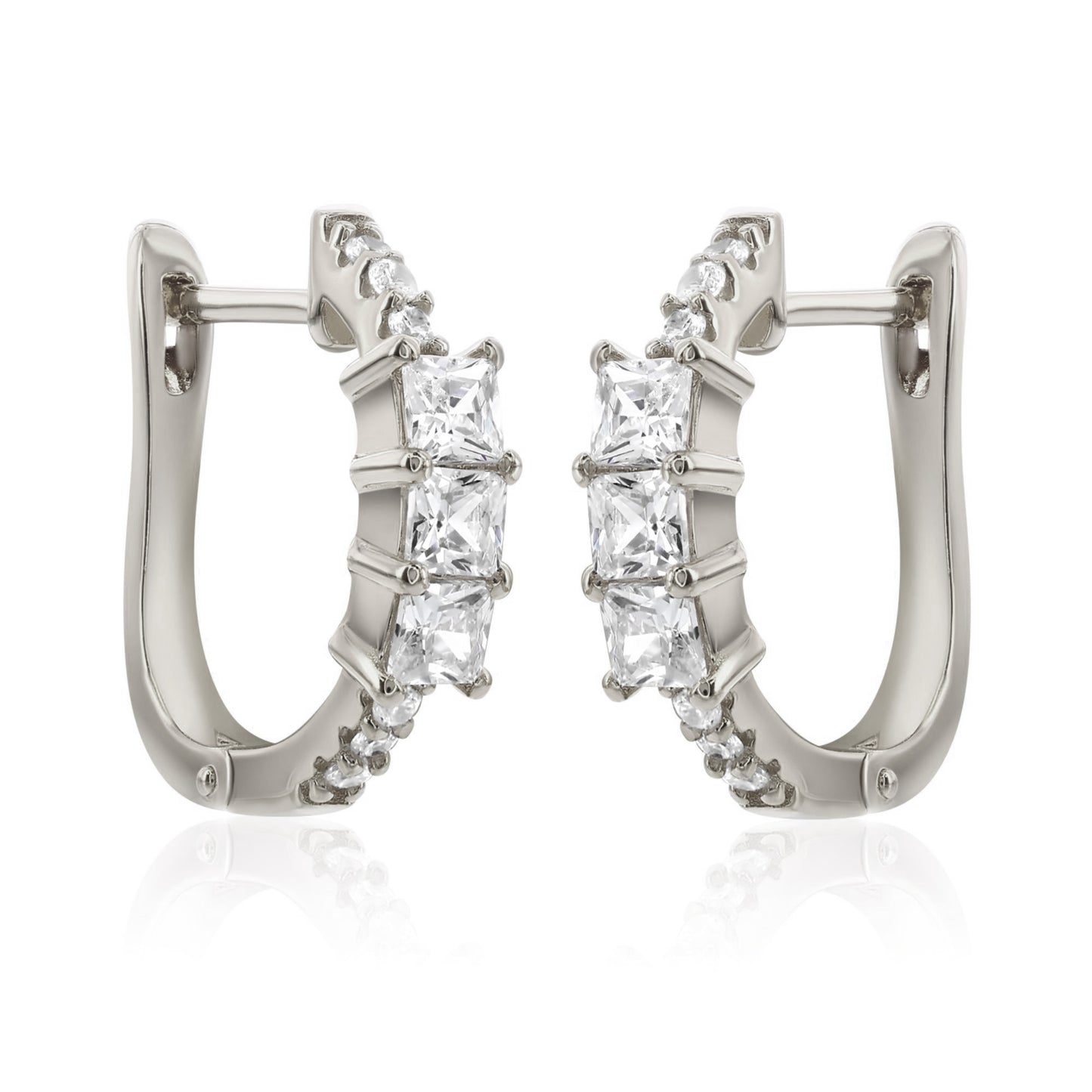 Suzy Levian White Sterling Silver & White Cubic Zirconia Pave Princess Cut Huggie Hoop Earrings