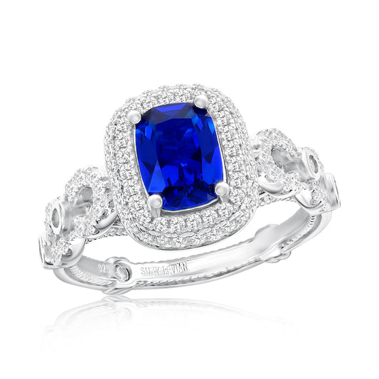 Suzy Levian White Sterling Silver Blue and White Cubic Zirconia Pave Halo Engagement Ring