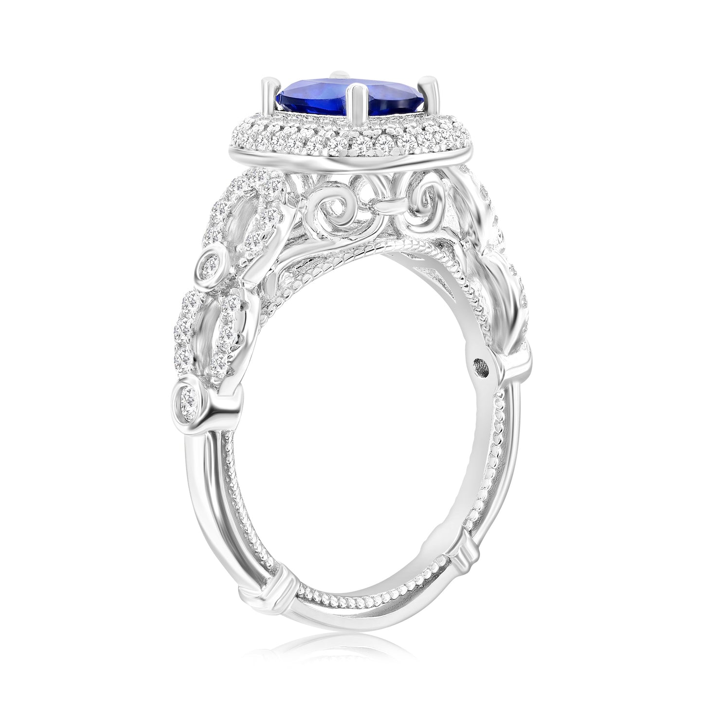 Suzy Levian White Sterling Silver Blue and White Cubic Zirconia Pave Halo Engagement Ring