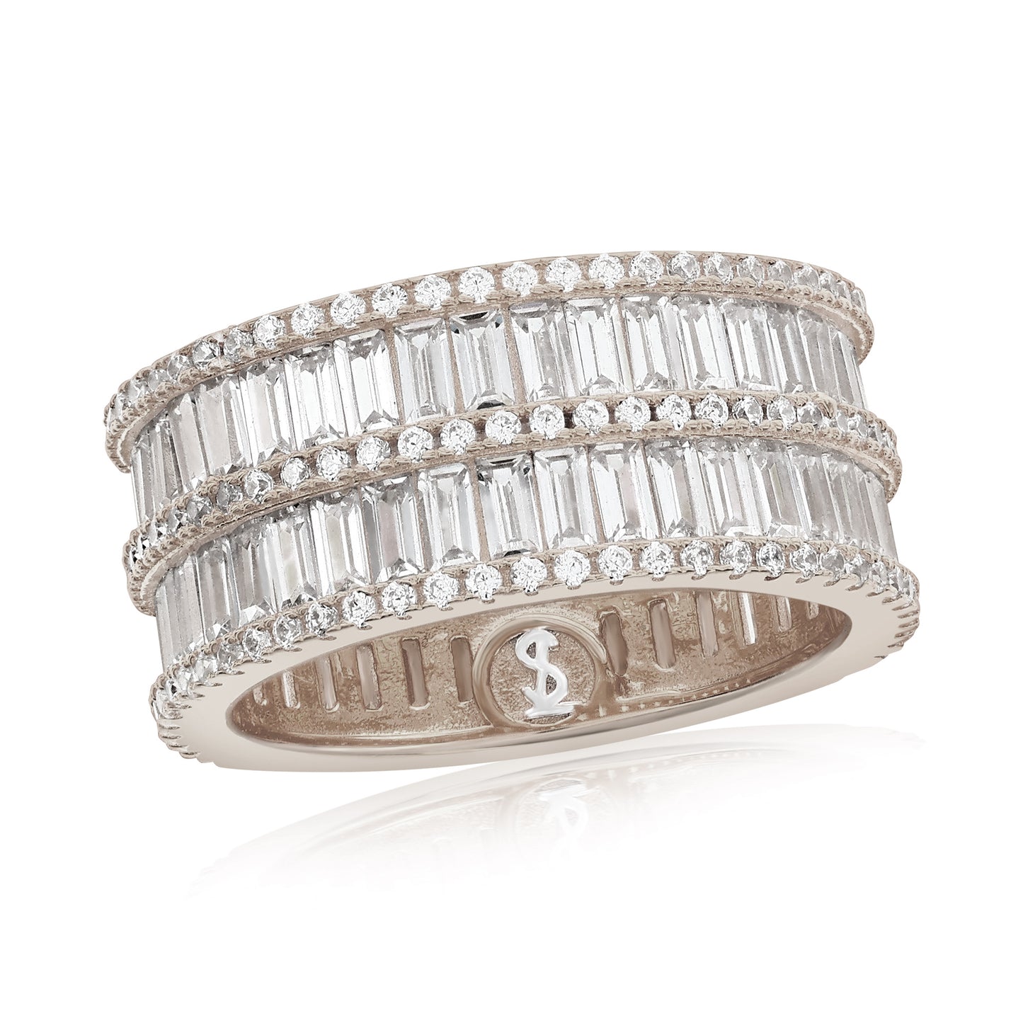 Suzy Levian Sterling Silver Cubic Zirconia Double Row White Baguette and Round Cut Wide Eternity Band