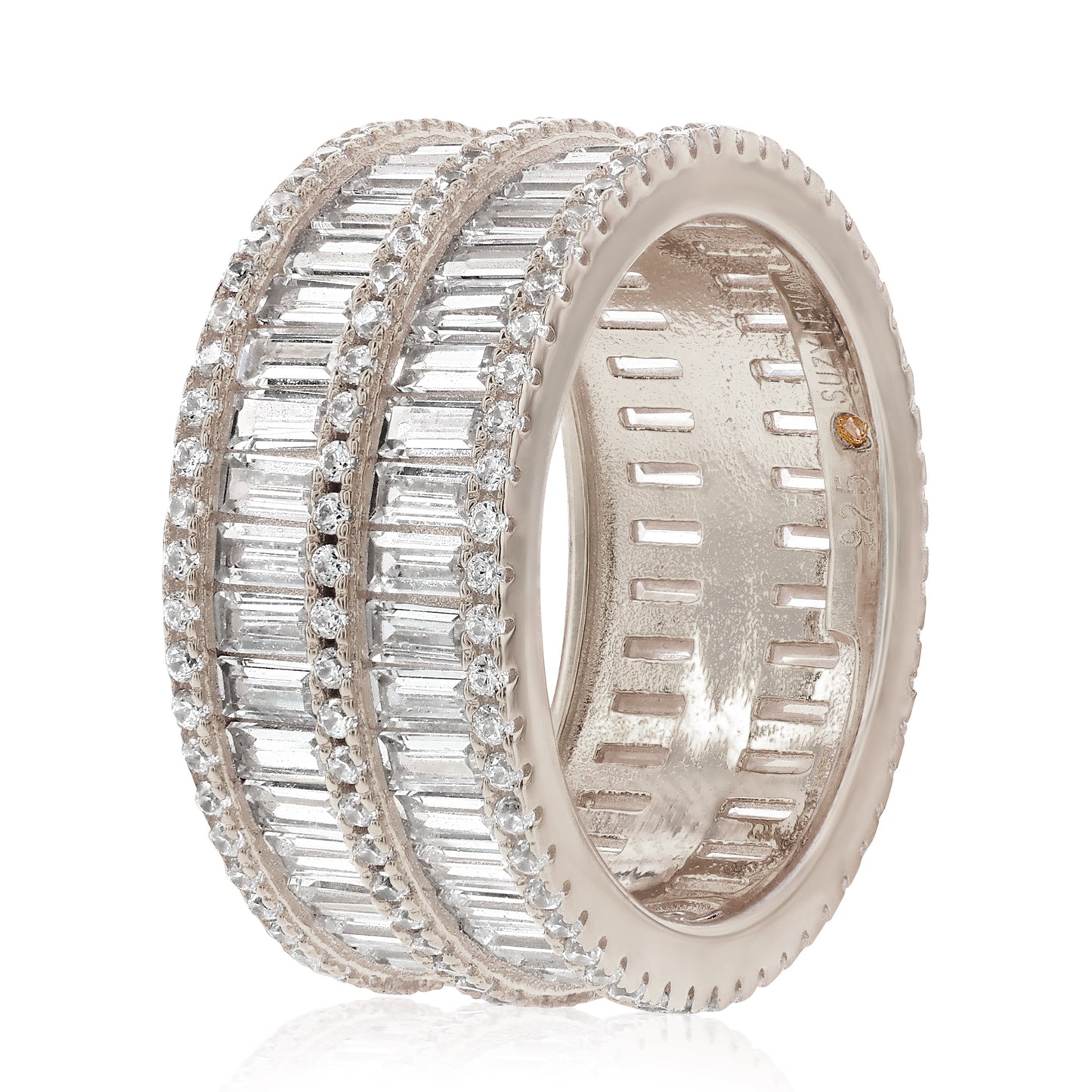 Suzy Levian Sterling Silver Cubic Zirconia Double Row White Baguette and Round Cut Wide Eternity Band