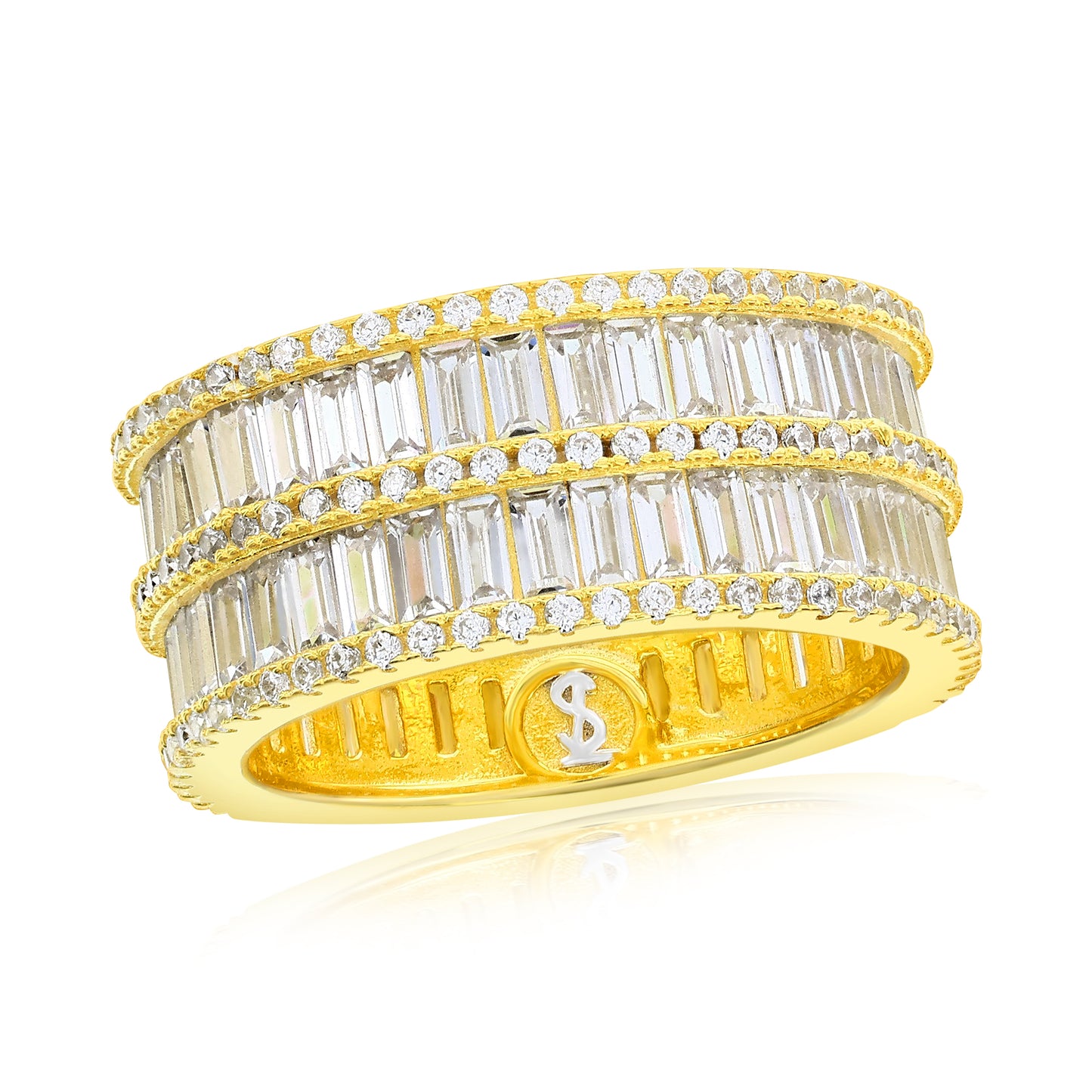 Suzy Levian Yellow Sterling Silver Cubic Zirconia Double Row White Baguette and Round Cut Wide Eternity Band