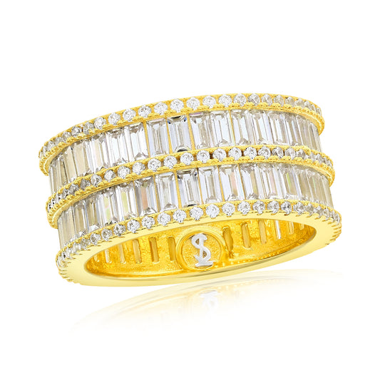 Suzy Levian Yellow Sterling Silver Cubic Zirconia Double Row White Baguette and Round Cut Wide Eternity Band