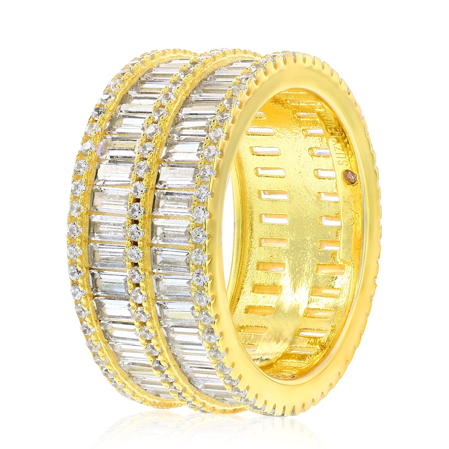 Suzy Levian Yellow Sterling Silver Cubic Zirconia Double Row White Baguette and Round Cut Wide Eternity Band