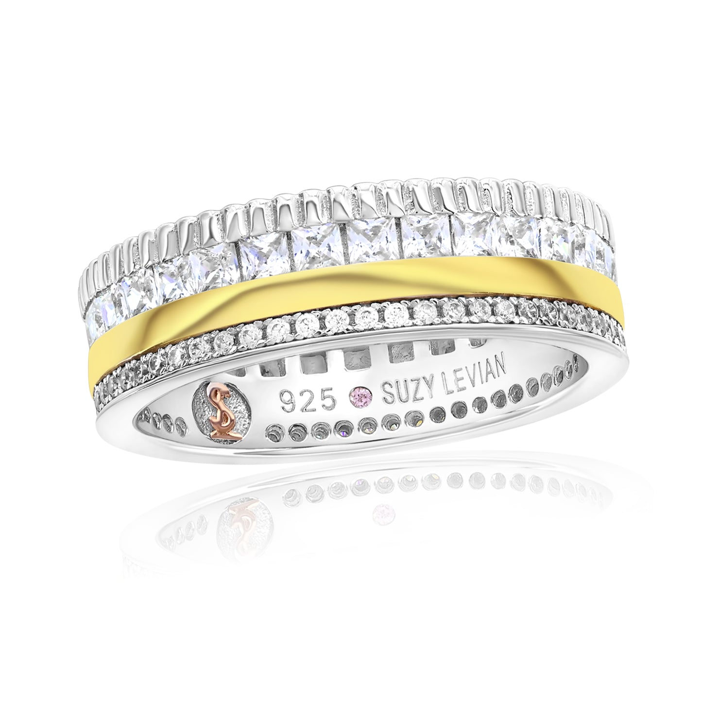 Suzy Levian Two-Tone White Cubic Zirconia Filigree Thick Band