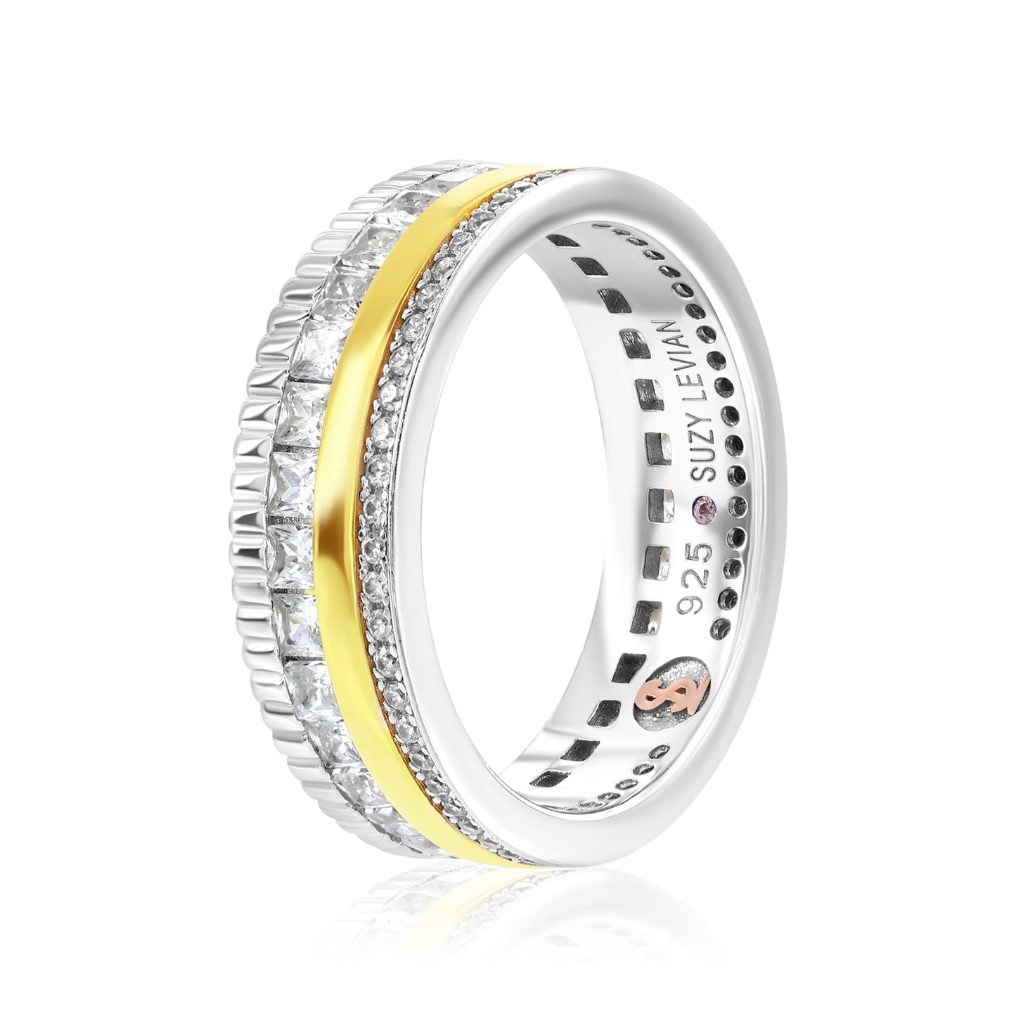 Suzy Levian Two-Tone White Cubic Zirconia Filigree Thick Band