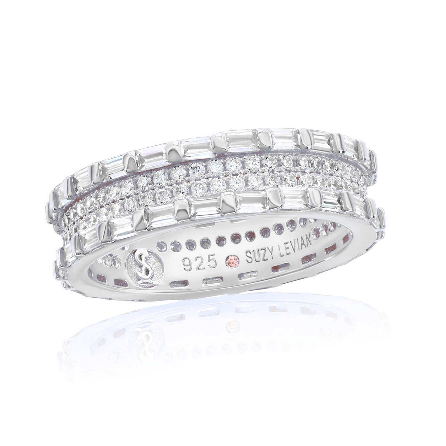 Suzy Levian Sterling Silver Cubic Zirconia White Baguette and Round Eternity Band