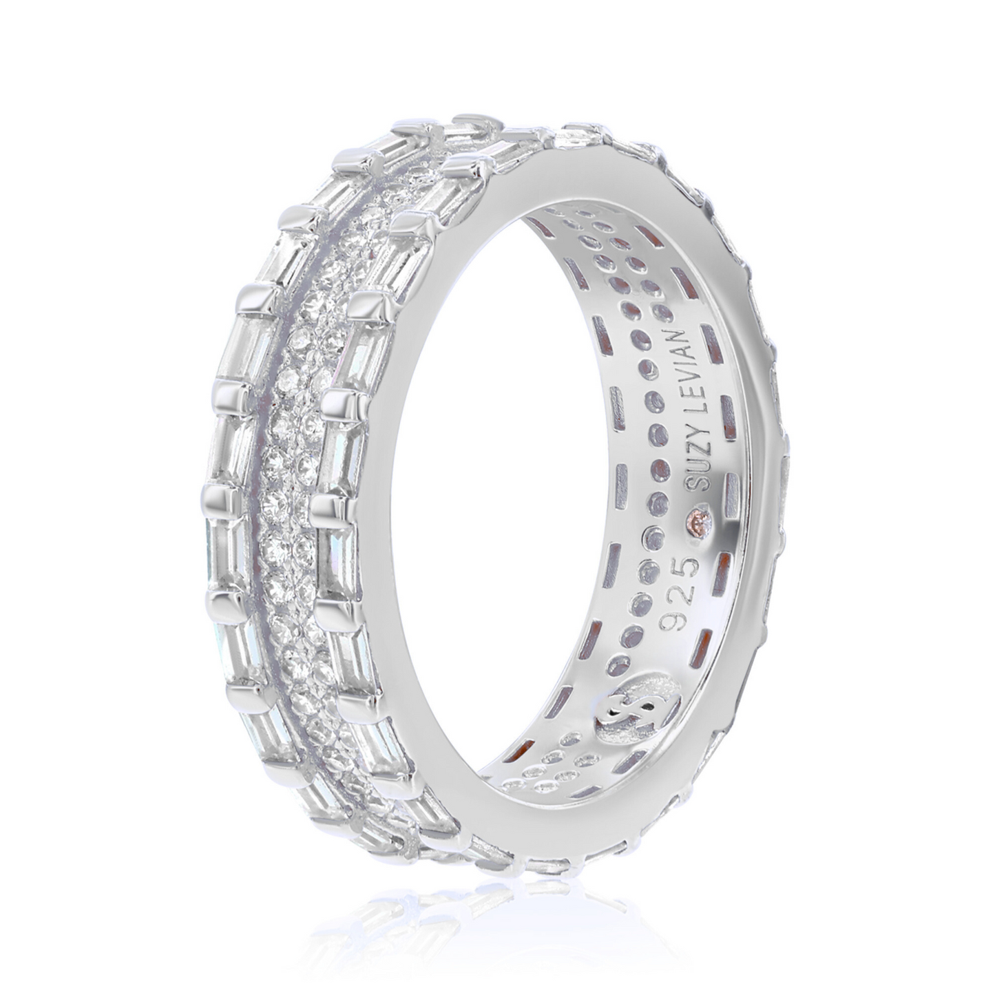 Suzy Levian Sterling Silver Cubic Zirconia White Baguette and Round Eternity Band